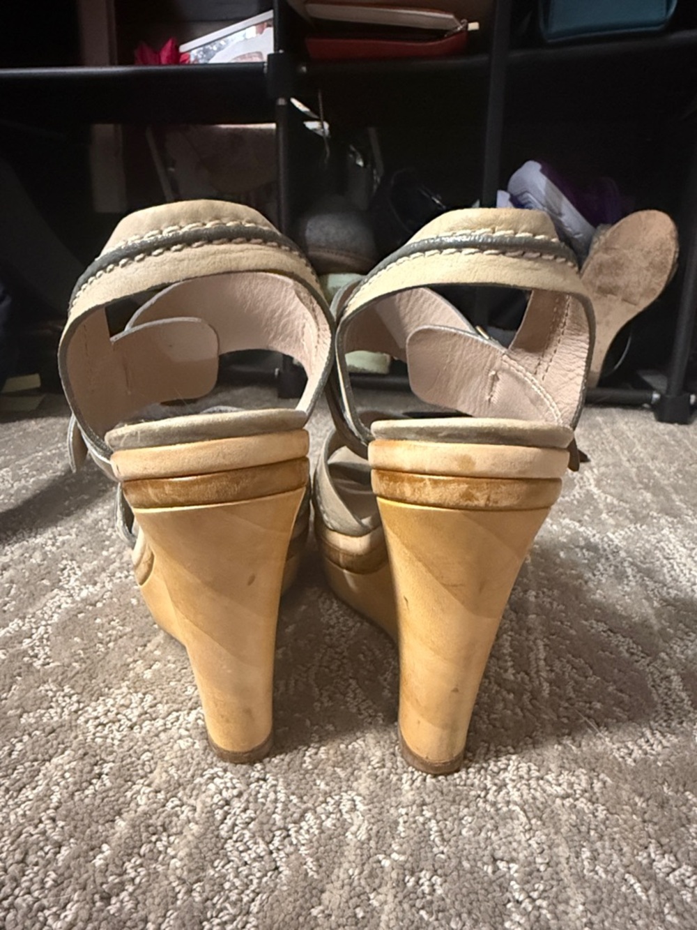 Chloé Neutral Leather Wedge Sandals | 5” Wooden Heel | Beige Strappy Platform - Picture 5 of 9